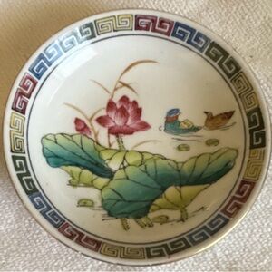 Hand-Painted Lotus & Ducks Ceramic Trinket Dish - Multicolor 2.5 inches